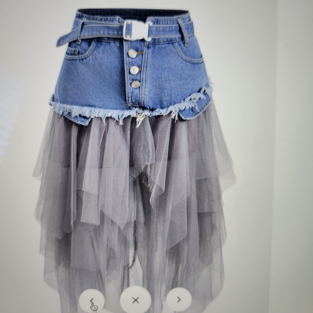 Frayed Denim and Layered Gray Tulle Asymmetrical Skirt